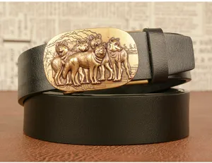 Men's genuine leather belt with stylish metal wolf head automatic buckle business casual design.