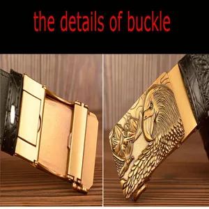 Men's automatic leather belt buckle detail close up, retro eagle relief design, alloy hardware.
