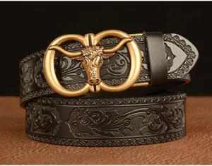 Men leather belt embossed bull buckle tactical casual trouser belt detailed view product show