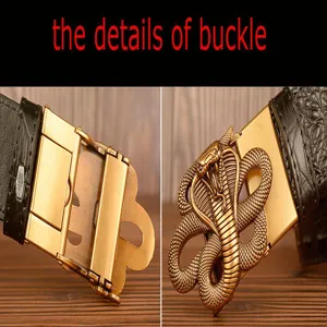 Men's leather belt with crocodile pattern and detailed metallic cobra snake buckle design.