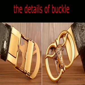 Detailed view of men's retro bull head automatic buckle leather belt with crocodile pattern.