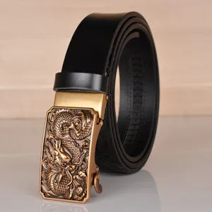 Men's leather belt with dragon pattern automatic buckle detail, stylish accessory.