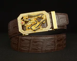 Men's leather belt with gold dragon automatic buckle and brown crocodile pattern design.