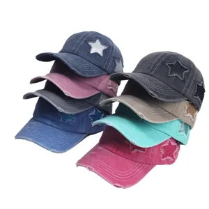 Gedesignde denim honkbalpet met pailletten ster, vintage gewassen verstelbare zonnehoed voor dames.