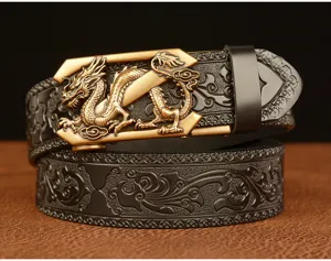Detailed close-up of men's leather belt with golden dragon buckle and embossed patterns.