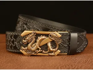 Men's retro vintage dragon buckle leather belt casual embossed cowhide waist strap accessories