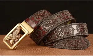 Cintura uomo in pelle bovina con fibbia automatica motivo inciso e aquila stile vintage.