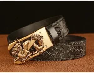 Men's retro genuine leather belt featuring an intricate gold dragon automatic buckle design.