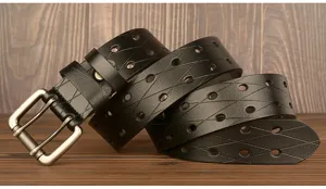 Cintura da uomo in pelle nera con doppia fibbia ad ardiglione e design traforato casual