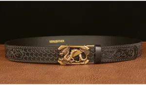 Detailed view of black leather men's belt with embossed dragon pattern and metal buckle.