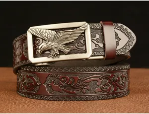 Cintura da uomo in vera pelle bovina goffrata vintage con fibbia automatica in metallo ad aquila.