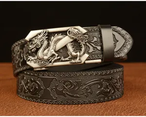Close-up showcase of men's vintage leather belt with intricate metallic dragon automatic buckle.