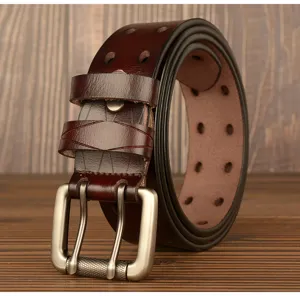 Cintura da uomo in pelle casual con fibbia a doppio ardiglione in stile vintage marrone.