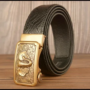 Men black leather belt with gold elephant automatic buckle snakeskin texture for casual.