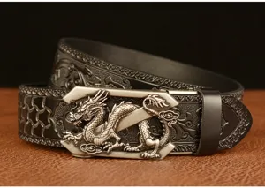 Men's leather belt with retro dragon automatic metal buckle and embossed strap casual style.
