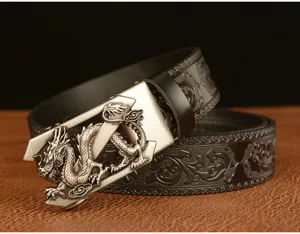 Closeup view of the exquisite carved dragon metal buckle on the vintage men leather belt.