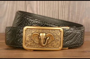 Men's genuine leather automatic buckle belt with vintage elephant relief design for casual jeans