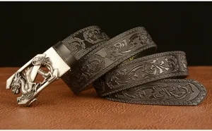 Detailed view of men's vintage dragon buckle leather belt with intricate embossed patterns.