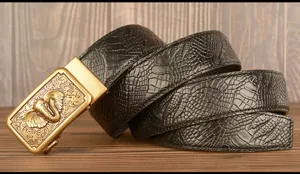 Men leather belt with stylish elephant automatic buckle and textured exotic pattern for casual use.