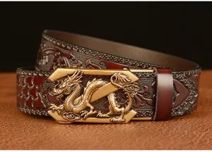 Close-up detail of vintage dragon automatic buckle men leather belt with embossed patterns.