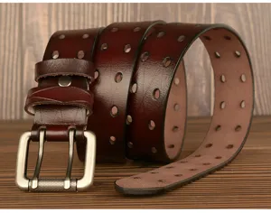 Cintura da uomo in vera pelle con fibbia a doppio ardiglione e fori doppi per jeans.
