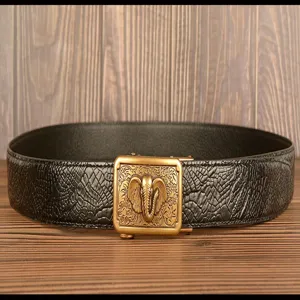 Men's genuine leather belt detail showing the unique elephant automatic buckle and textured strap.