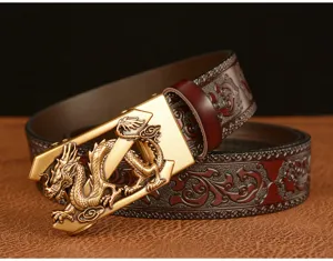 Vintage dragon automatic buckle genuine leather men dress belt with embossed strap design