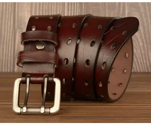 Cintura da uomo in vera pelle con fibbia a doppio ardiglione stile vintage marrone