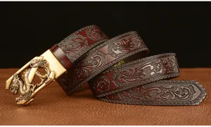 Men retro embossed cowhide leather belt with stylish dragon automatic buckle casual design