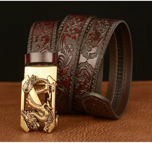Men's vintage dragon automatic buckle leather belt, detailed carved floral strap design.
