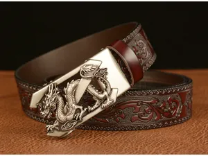 Vintage dragon embossed men leather belt with automatic metal buckle for casual wear style