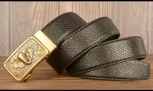 Men black snakeskin pattern leather belt with gold elephant automatic buckle detail shot