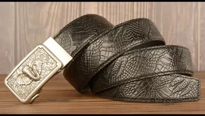 Men genuine leather belt with elephant automatic buckle and textured pattern for casual jeans.
