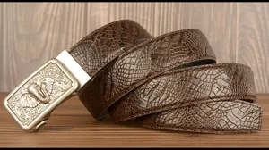 Men genuine leather belt with automatic buckle and crocodile texture detail design.