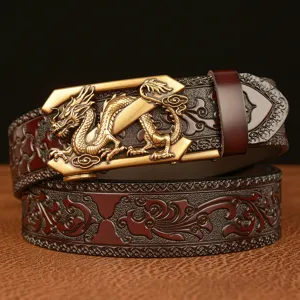 Men's Ethnic Style Cowhide Leather Belt Dragon Pattern Automatic Buckle Casual Vintage Business Pants Belt