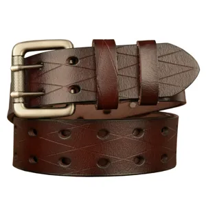Cintura da uomo in vera pelle con fibbia a doppio ardiglione e design casual in denim.