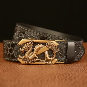 Men vintage dragon automatic buckle leather belt ethnic carved cowhide casual trousers belt