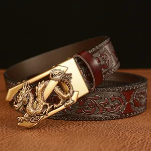 Men's retro genuine leather belt featuring a metallic dragon buckle and exquisite carved patterns.