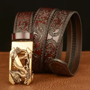 Men leather belt with vintage dragon auto buckle and embossed floral pattern for daily wear.
