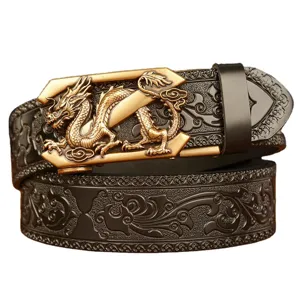 Men vintage dragon automatic buckle leather belt ethnic embossed cowhide casual waist belt