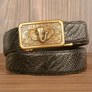 Men's Genuine Cowhide Leather Belt Automatic Buckle Vintage Elephant Embossed Crocodile Pattern Business Casual Jeans Belt