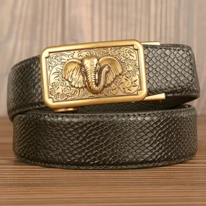 Men's genuine leather belt with automatic elephant buckle and stylish snakeskin texture design.