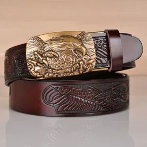 Cintura uomo in vera pelle vintage con fibbia automatica aquila in rilievo per uso casual