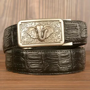 Men's automatic buckle leather belt with elephant relief and stylish crocodile pattern design.