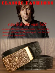 Men leather belt detail showing crocodile pattern strap and golden dragon automatic buckle.