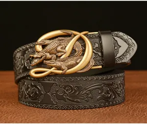 Men's retro crocodile automatic buckle leather belt with embossed floral patterns for jeans