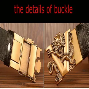 Detailansicht der goldenen Drachen V-Gürtelschnalle und des strukturierten Lederriemens.