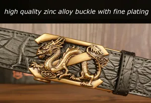 Detail view of men's leather belt with dragon metal buckle and crocodile pattern strap.