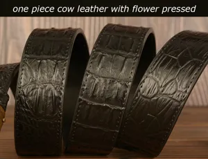 Men black embossed cow leather belt with crocodile pattern texture for casual daily wear