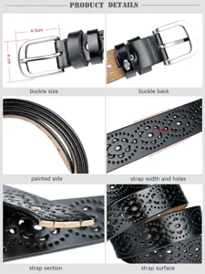 Women's leather casual hollow belt detail view showing buckle size and strap texture craftsmanship.